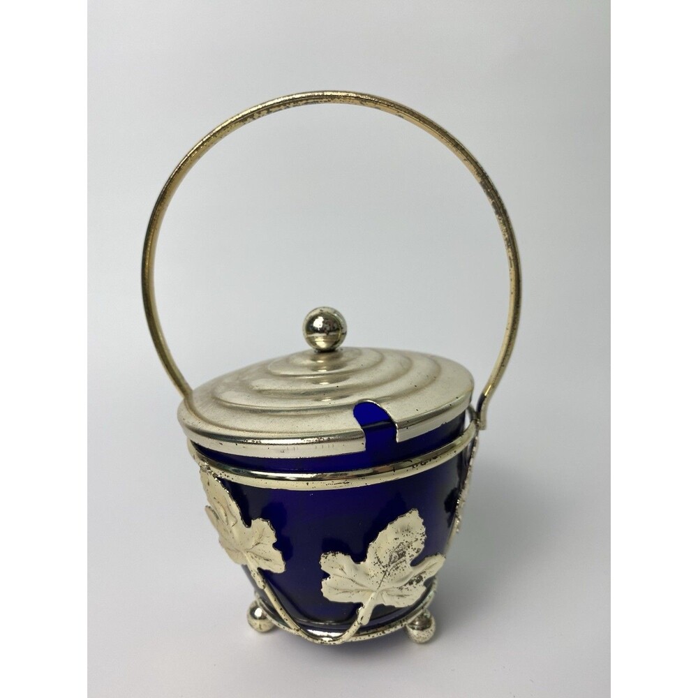 Vintage Cobalt Glass Salt Cellar, Condiment Mustard Container